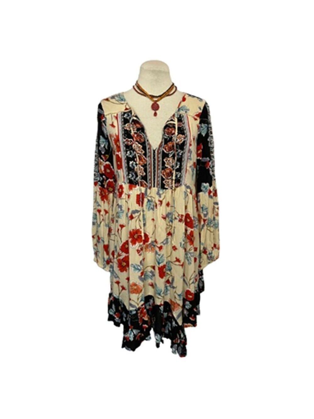 Patrons Of Peace Boho Blue Cream Floral Dress Size S